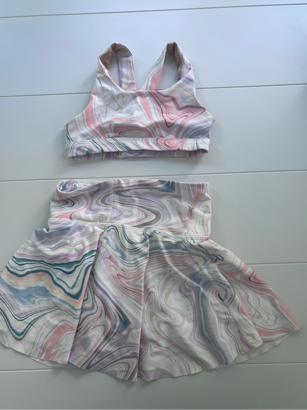Girls Pastel Marble Print Skirt - White/Pink sports bra top